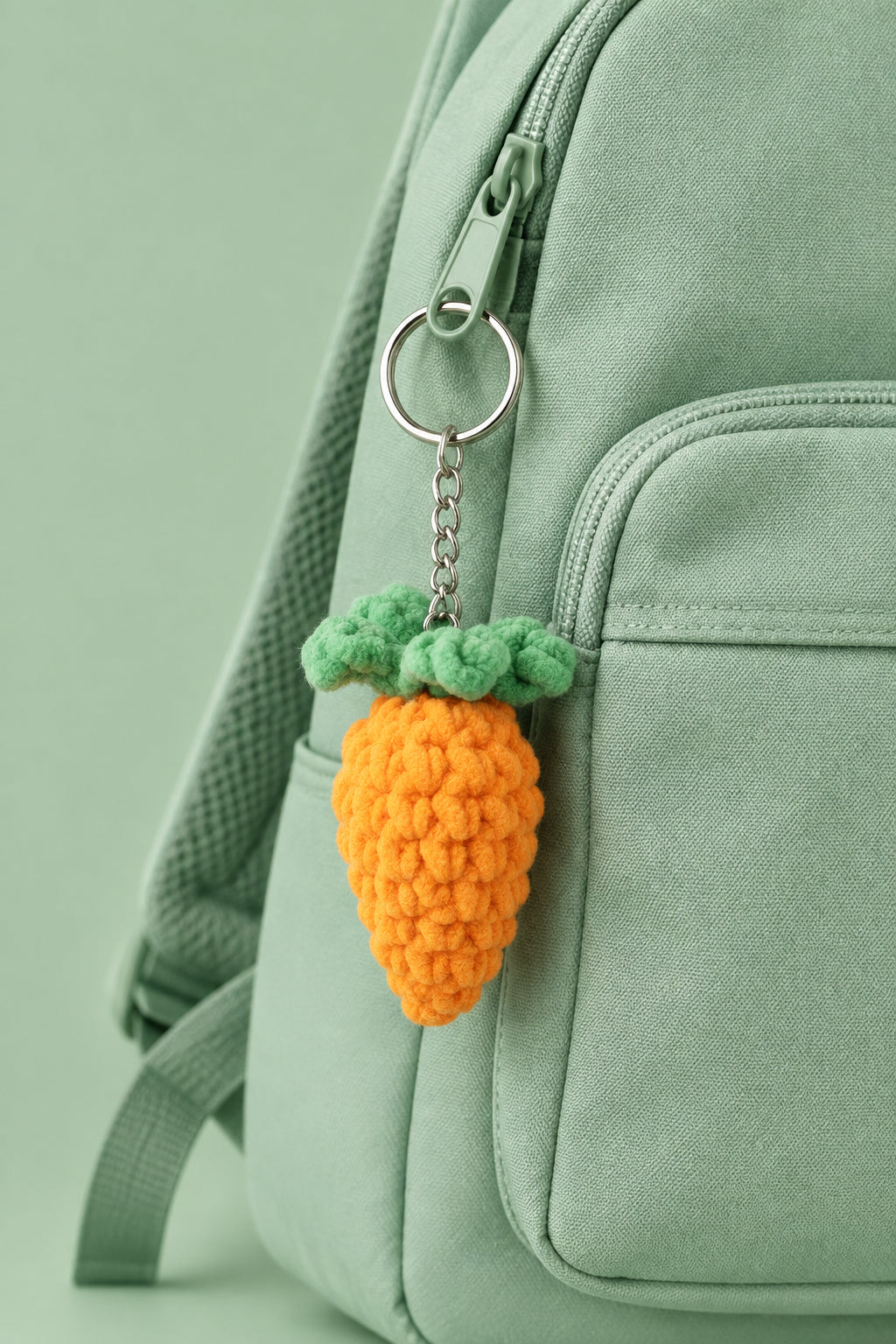 A crocheted carrot keychain with a green top and orange body, hanging from a metal ring on a textured off-white wall.